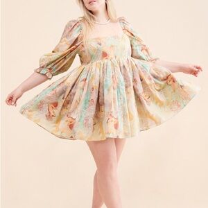Selkie The Cottage Mucha Puff Sleeve Babydoll mini Dress Small NWOT